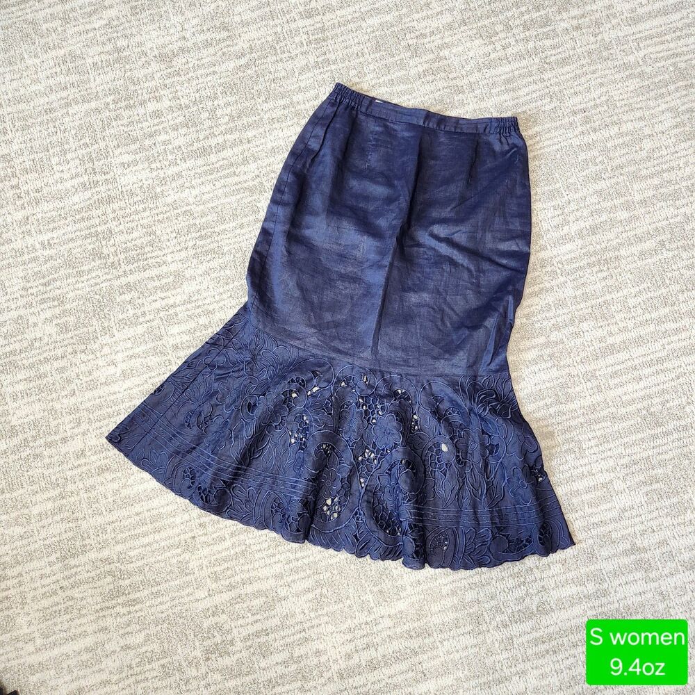 LINO USA women's Linen Fishtail Midi Skirt navy blue size S